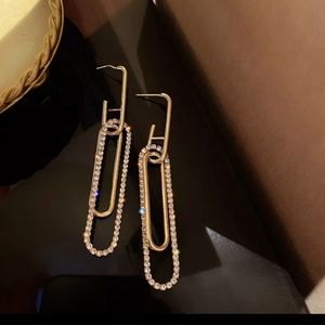 Trendy drop safety-pin gold/ cubic zircon earrings